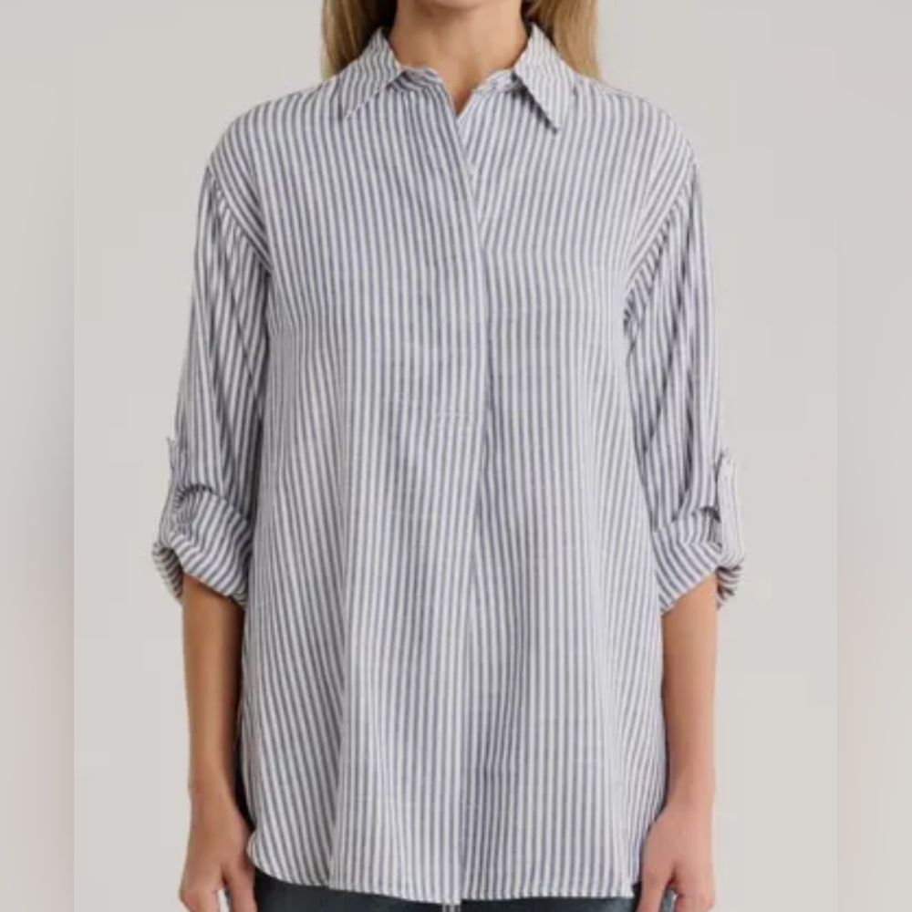 Mac Studio Women Blue White Striped Button-Down Shirt Top Long Sleeve XS 3/4